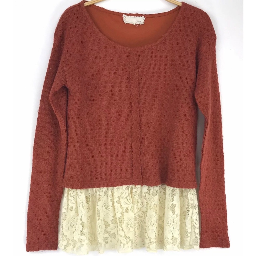 A'Reve Rust Orange Crewneck Sweater with Cream Lace Hem
